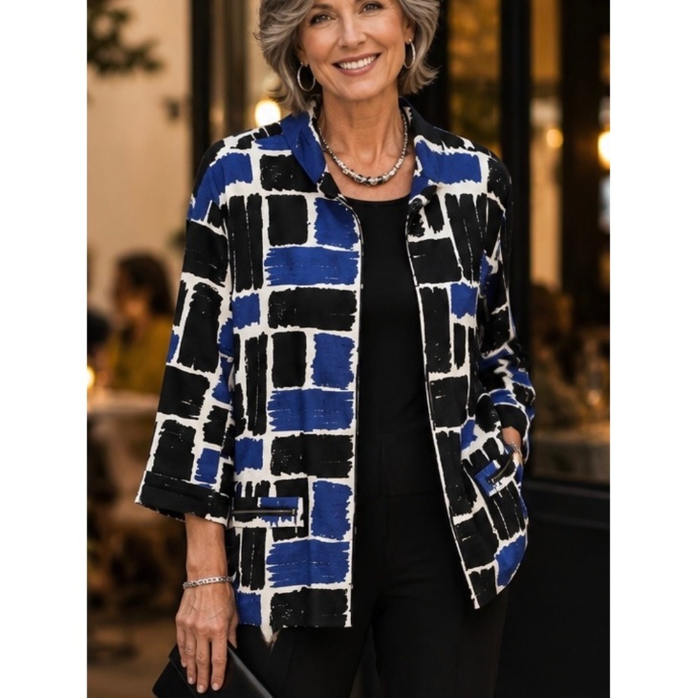 Erin London Womens Jacket Blue 1X Abstract Block‎ Print Zip Up Contemporary